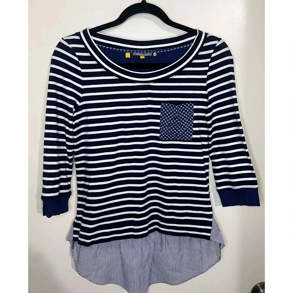 ANTHROPOLOGIE LITTLE YELLOW BUTTON Top Womens XS Navy Blue Built In Shirt N13 - Picture 2 of 10